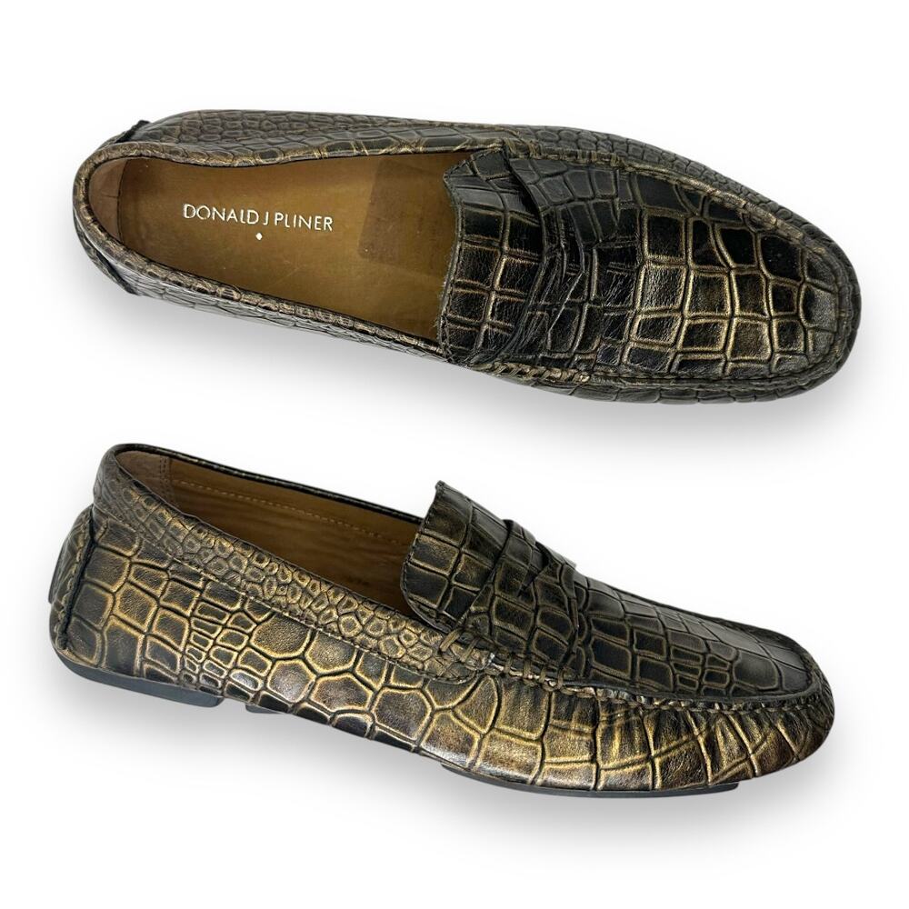 Donald J Pliner Men's Vinco 3 Penny Driving Loafer 8 Brown Bronze Croc Embossed
